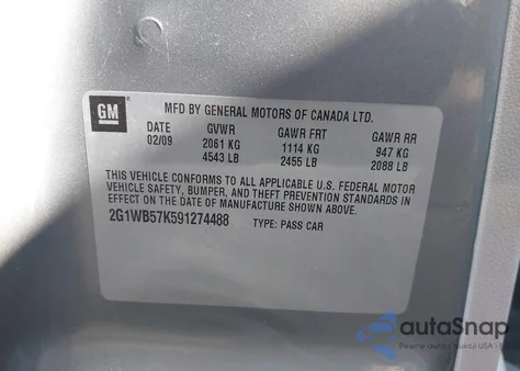 2009 Chevrolet Impala Ls from USA, damaged, VIN 2G1WB57K591274488